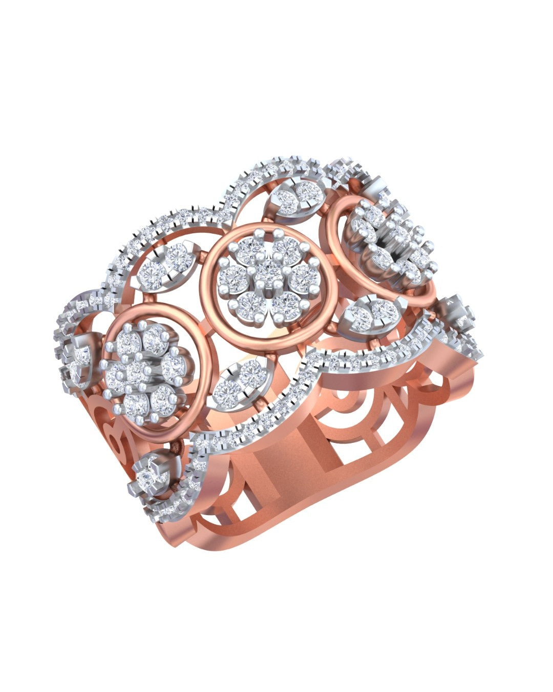 Rose gold ring with intricate filigree cutouts and, shown on a plain white background.