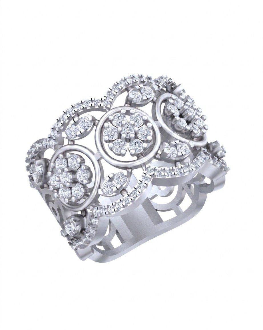White gold ring with intricate filigree cutouts and, shown on a plain white background.