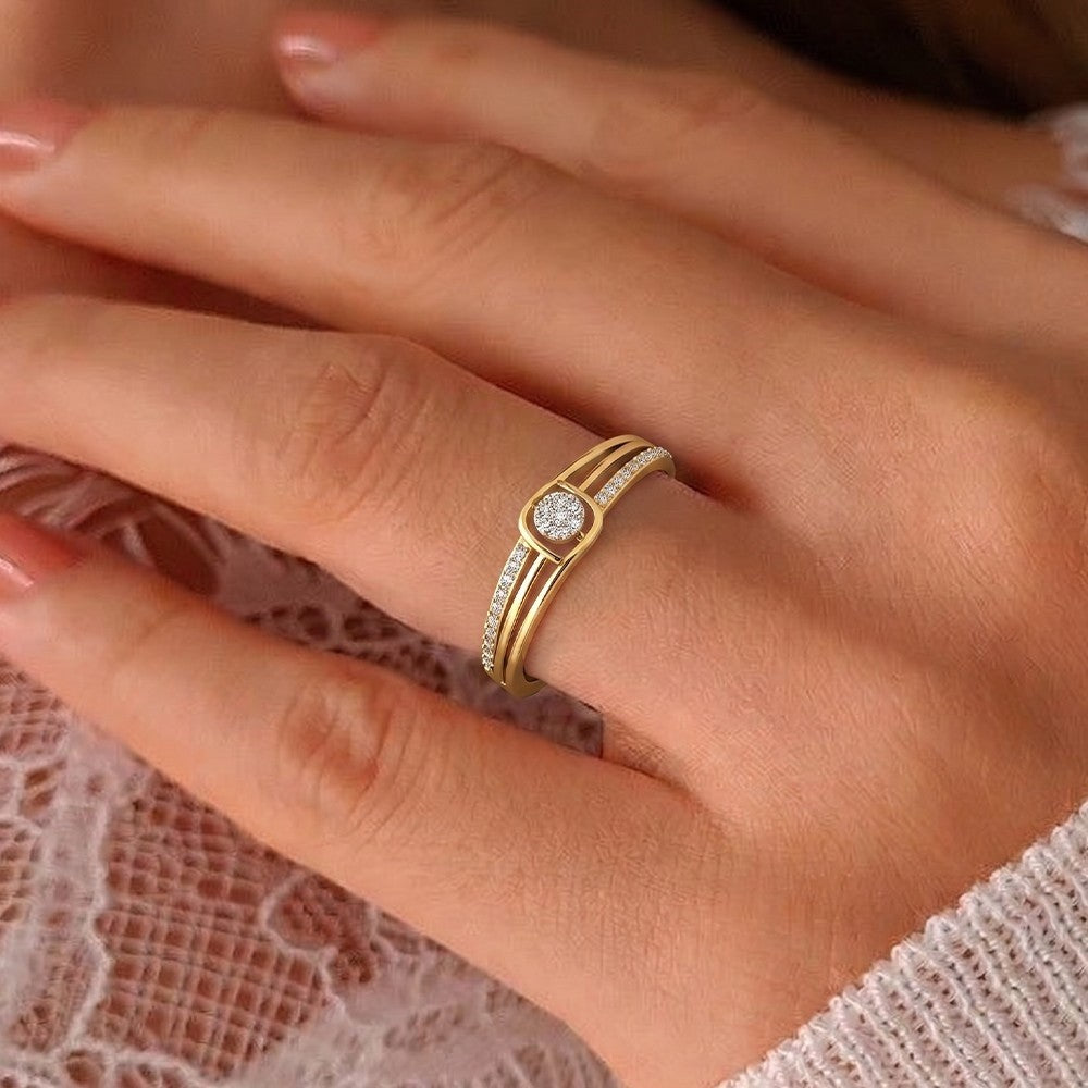 Close-up shots of a gold and diamond with center cluster setting ring.