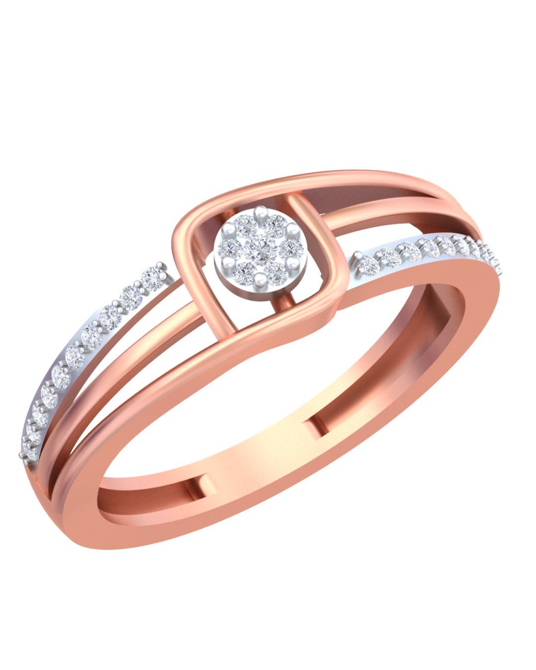 Rose gold and diamond with center cluster setting on a white background.