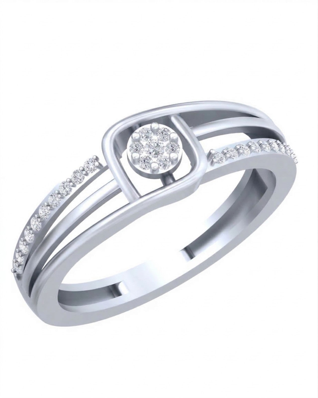 Rose gold and diamond with center cluster setting on a white background.