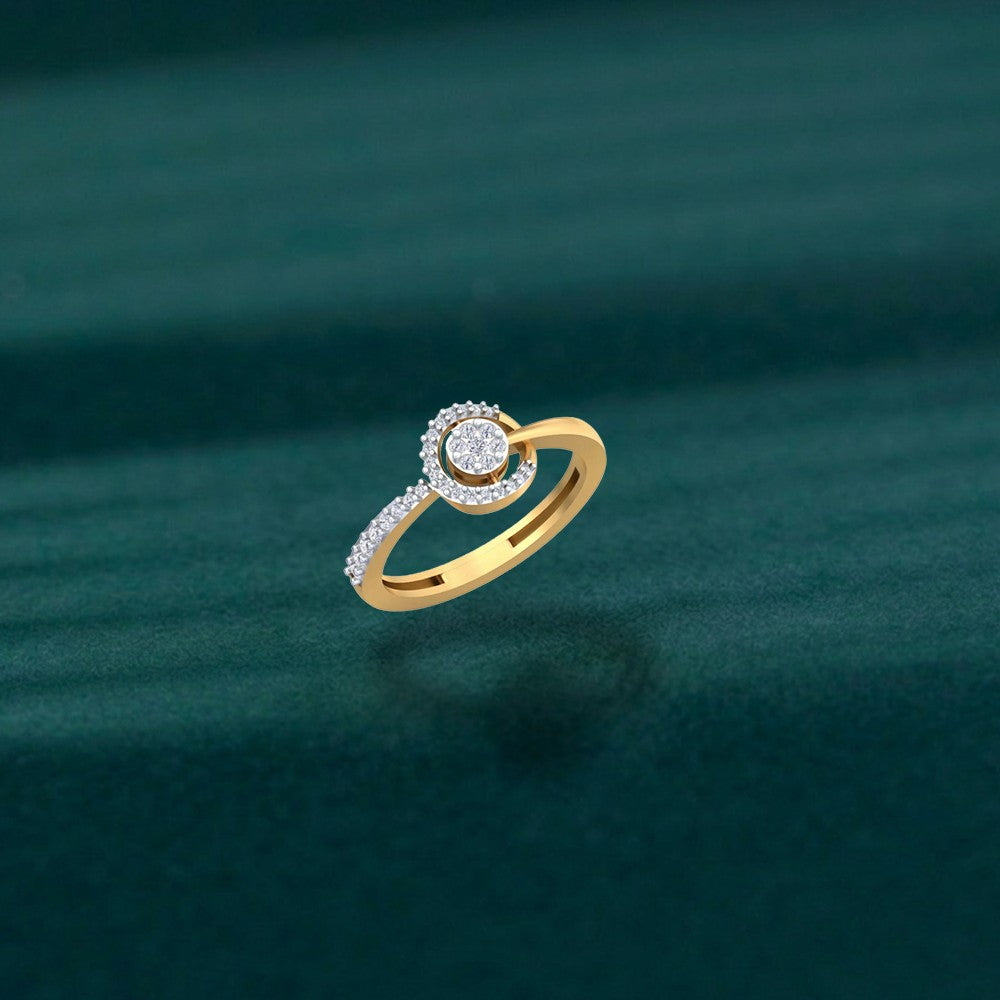 Gold and diamond with halo cluster ring on a teal texture surface.