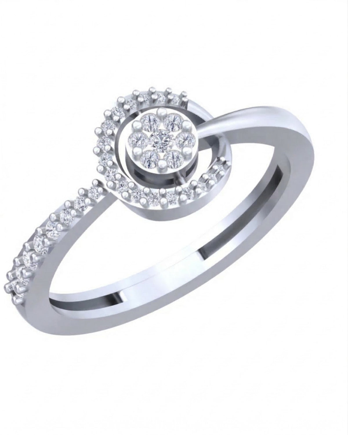White gold and diamond with halo cluster ring on a white background.