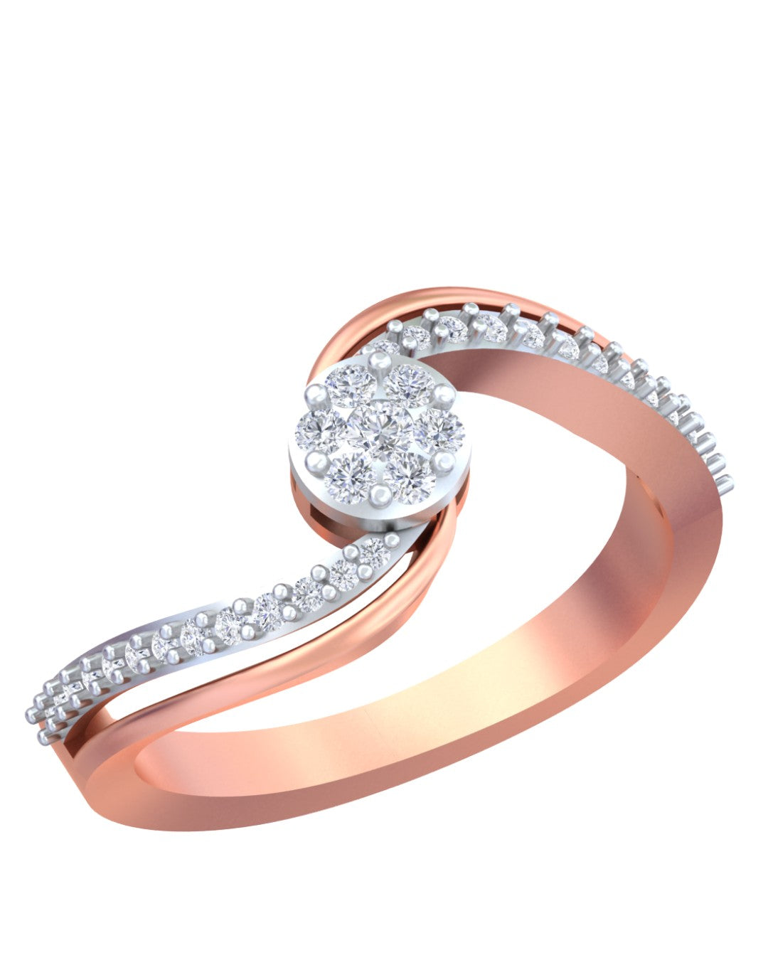 Rose gold and diamond ring with cluster on a white background