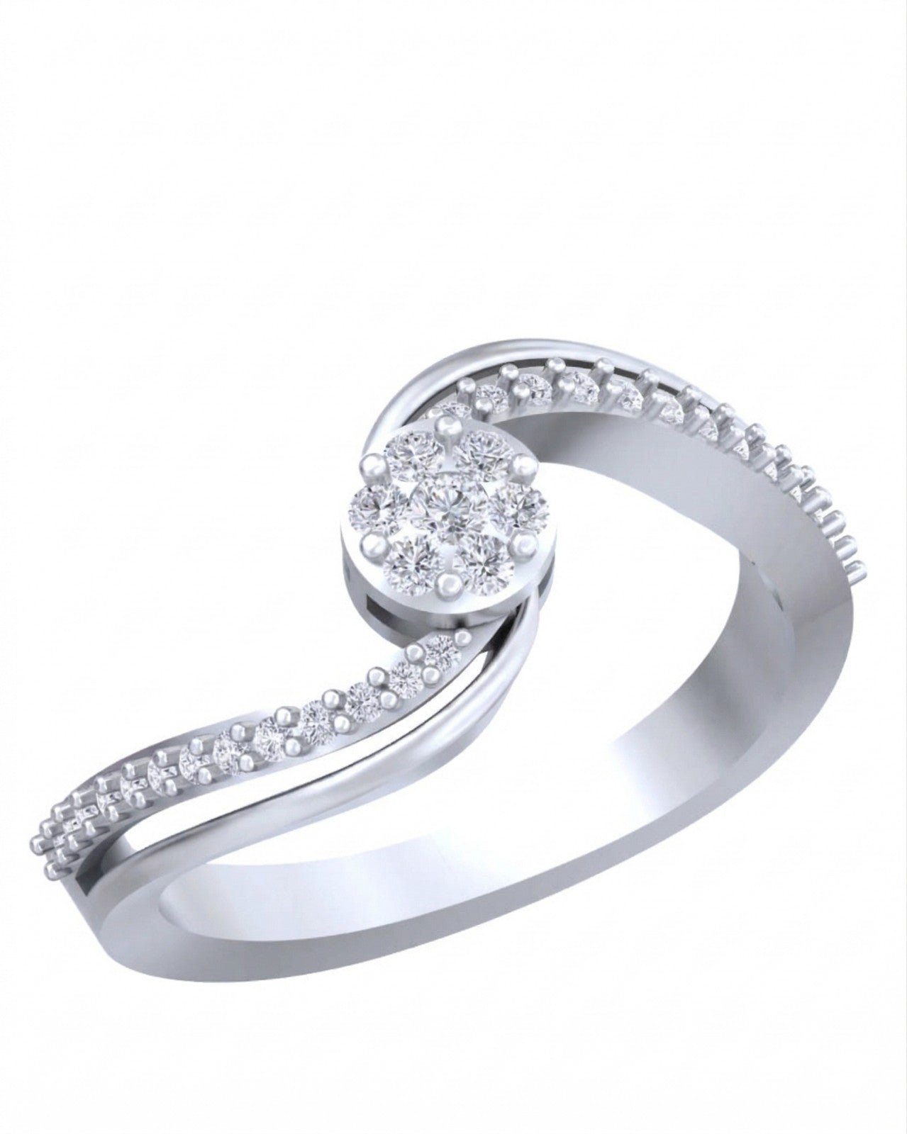 White gold and diamond ring with cluster on a white background