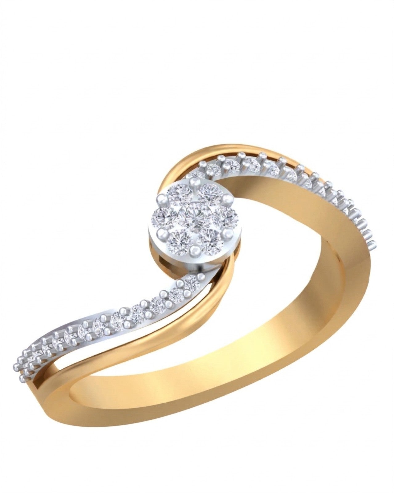 Yellow gold and diamond ring with cluster on a white background