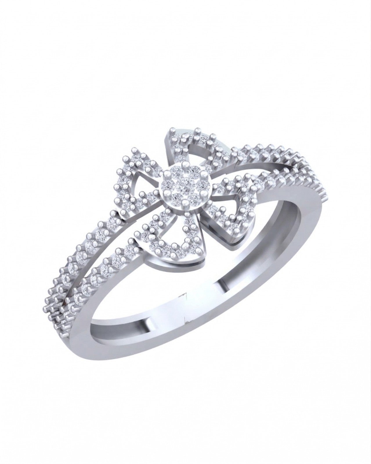 White gold and diamond with floral design on a white background.