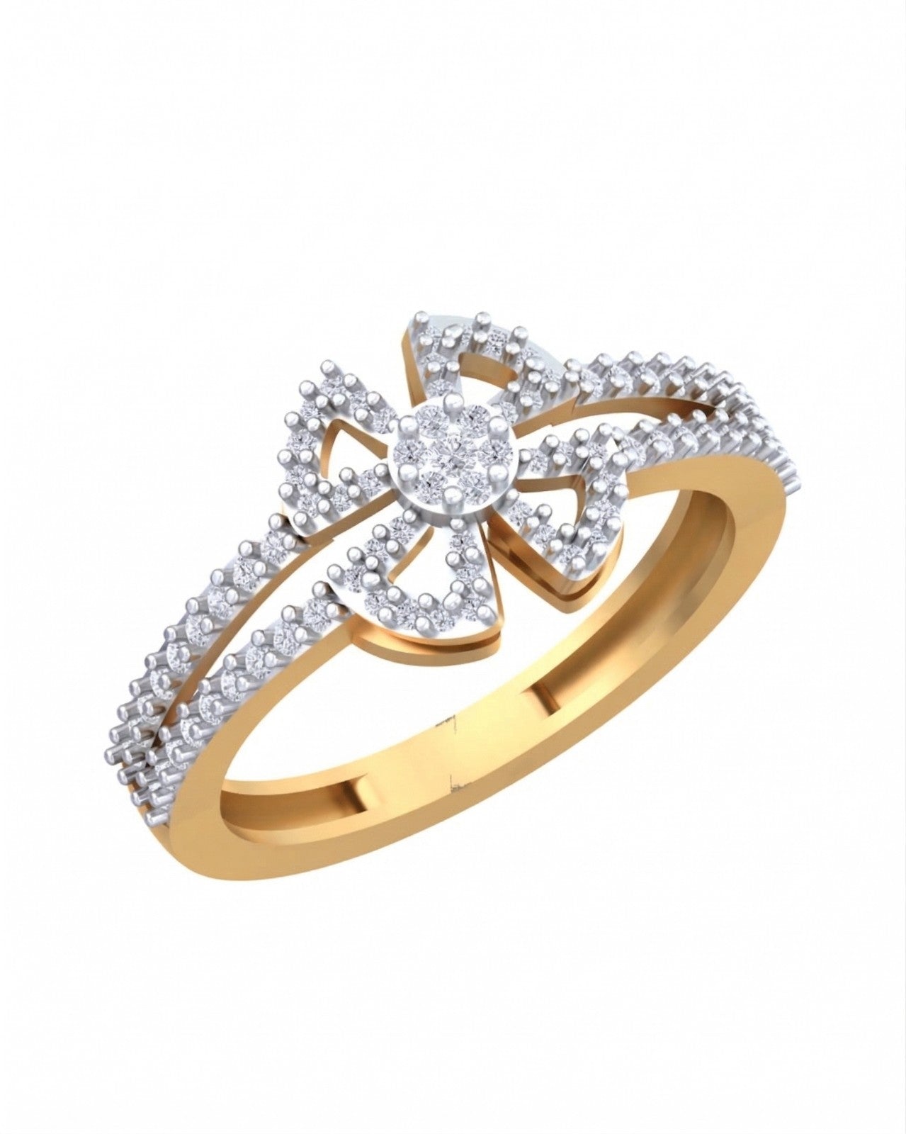 Yellow gold and diamond with floral design on a white background.