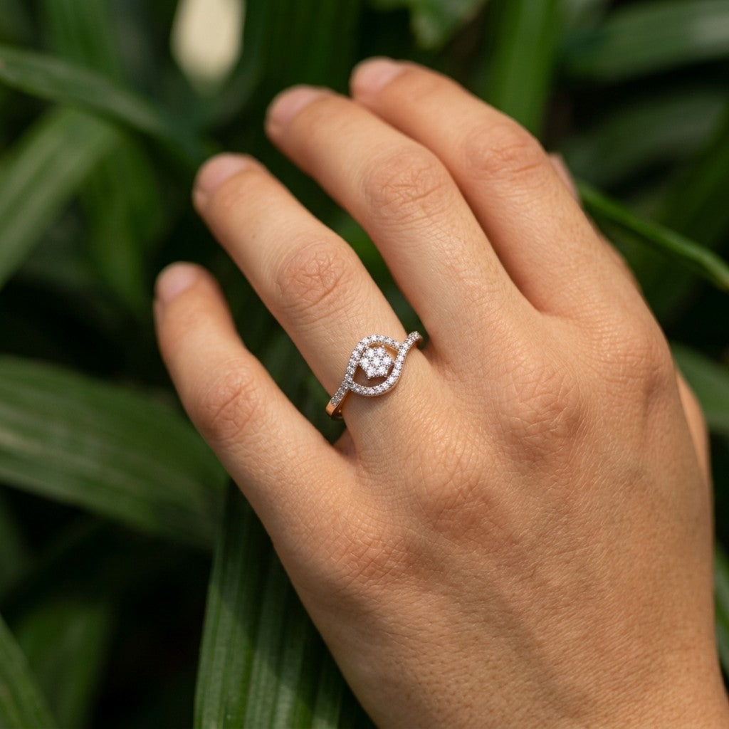 Close-up shots of a gold and diamond with floral design ring.