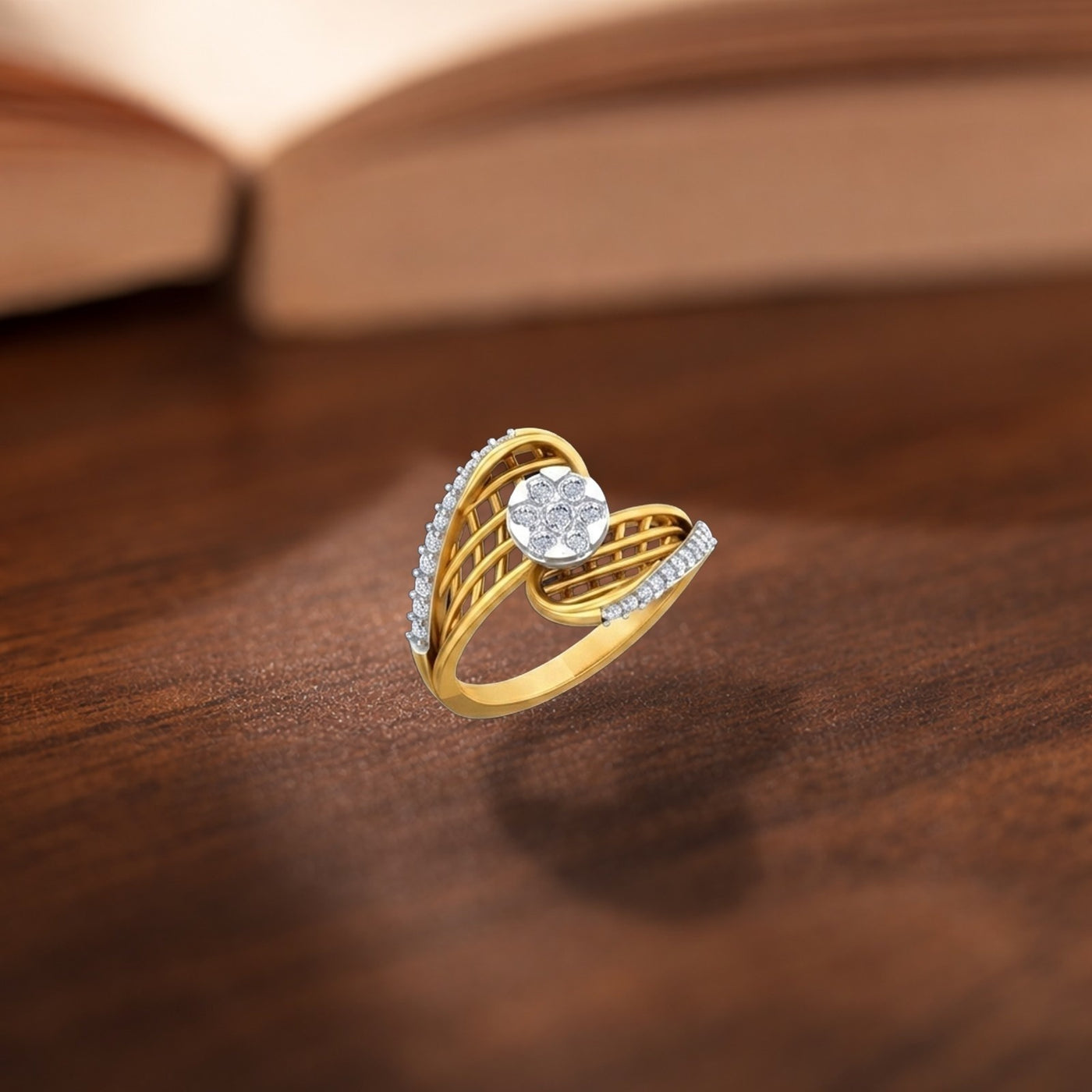 Gold ring with a diamond on a wooden surface