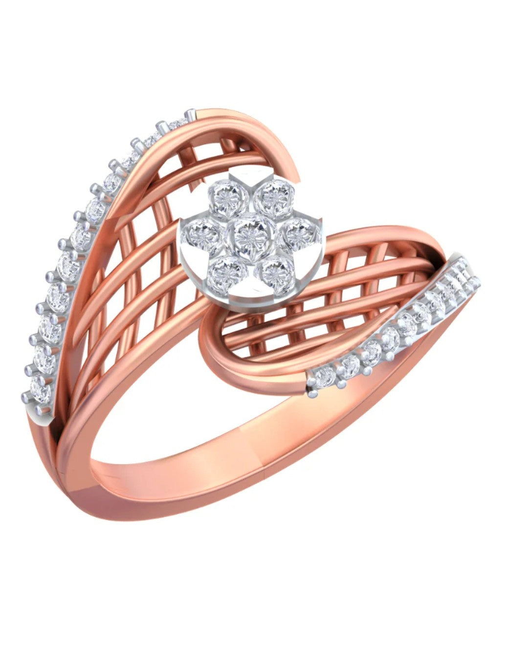 A rose gold ring with a cluster center, shown on a plain white background.