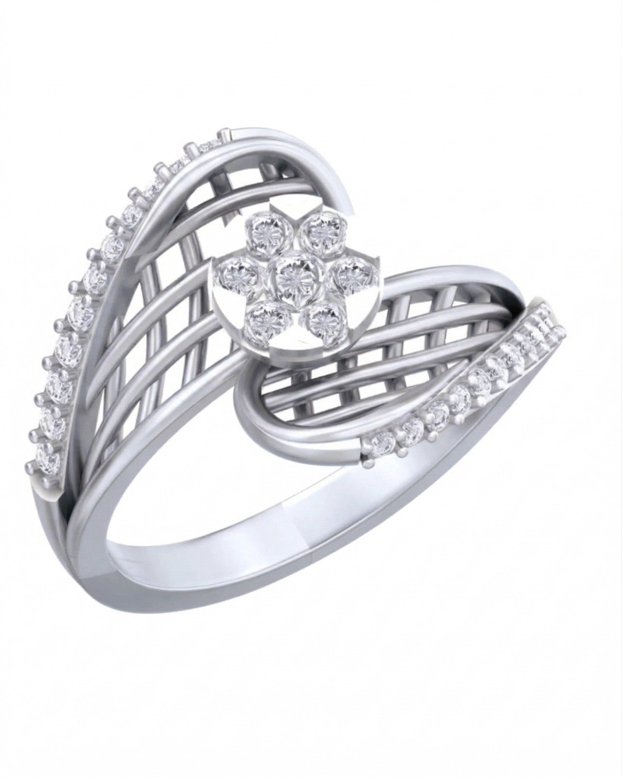 White gold ring with diamond accents on a white background.