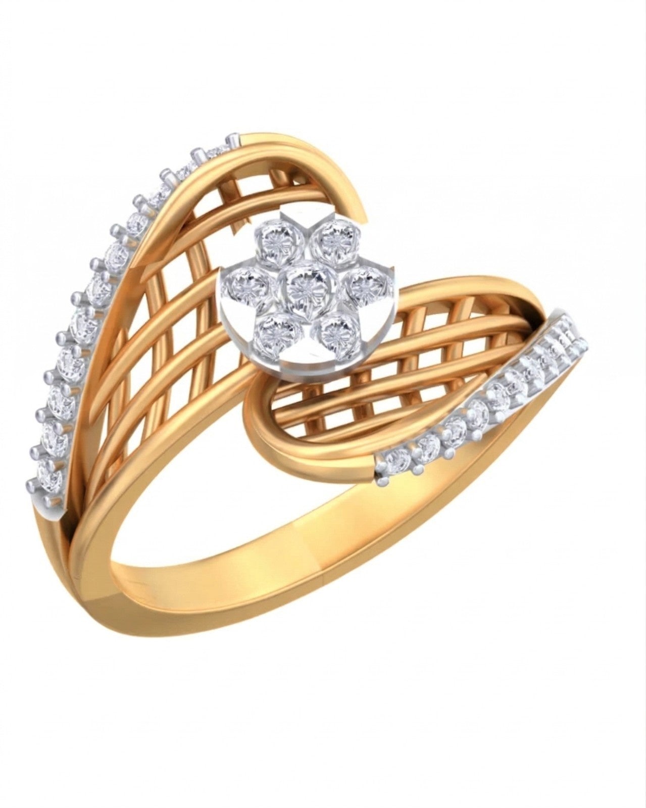 Yellow gold ring with diamond accents on a white background.