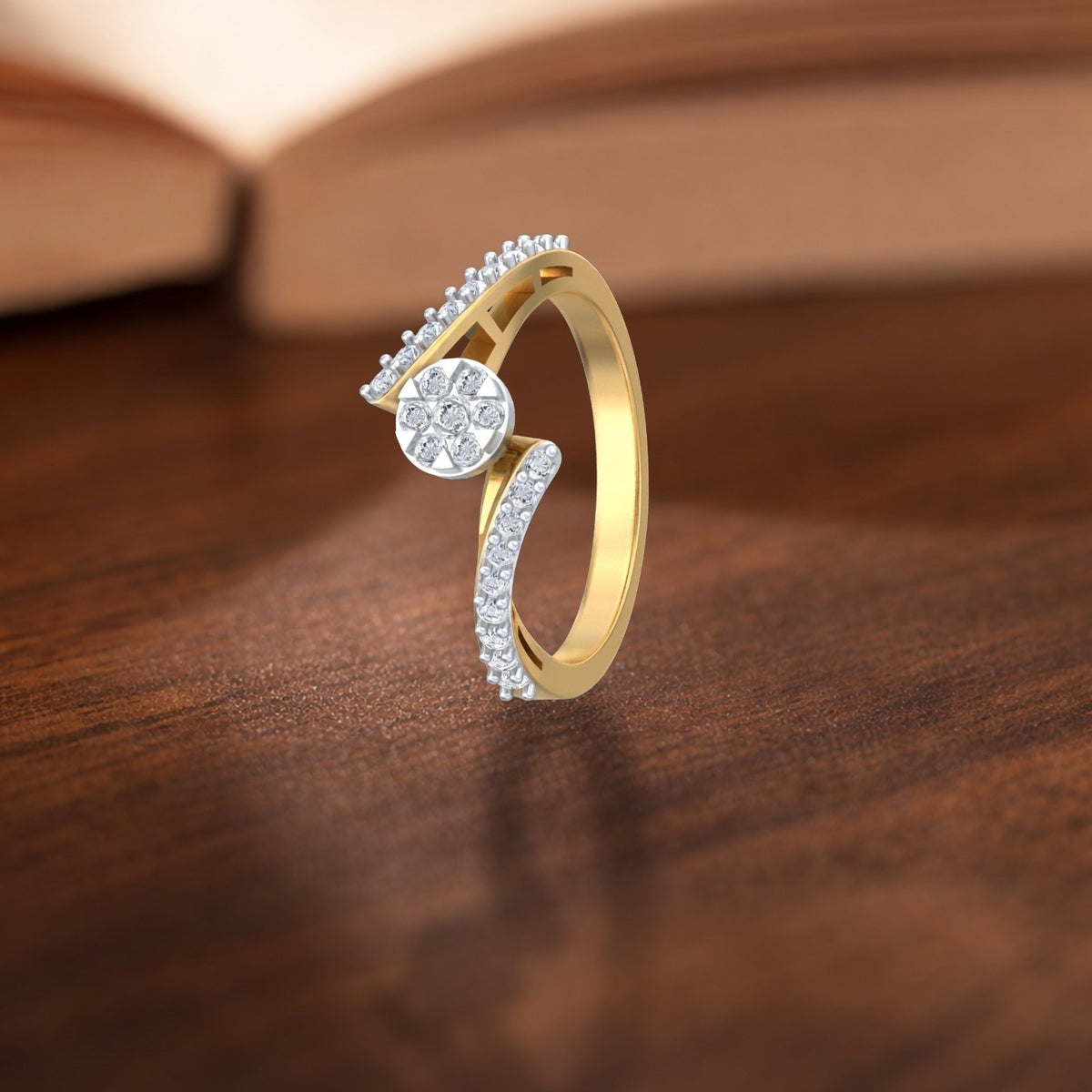 Gold ring with diamonds floral ring on a wooden surface