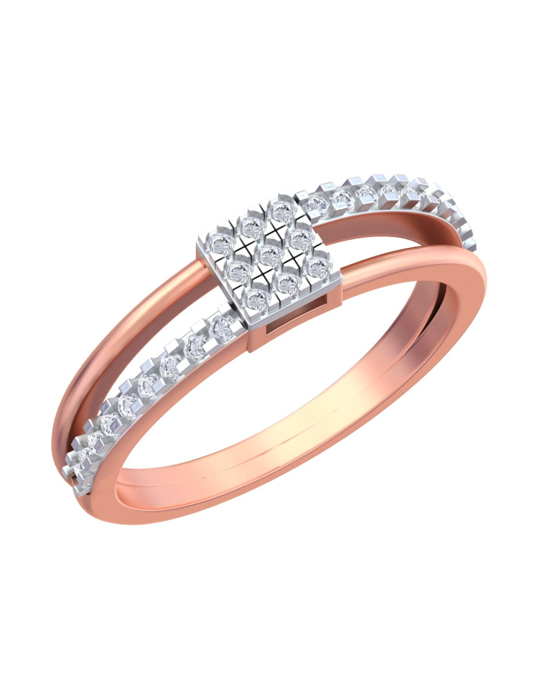 Rose gold and diamond with square cluster ring on a white background.
