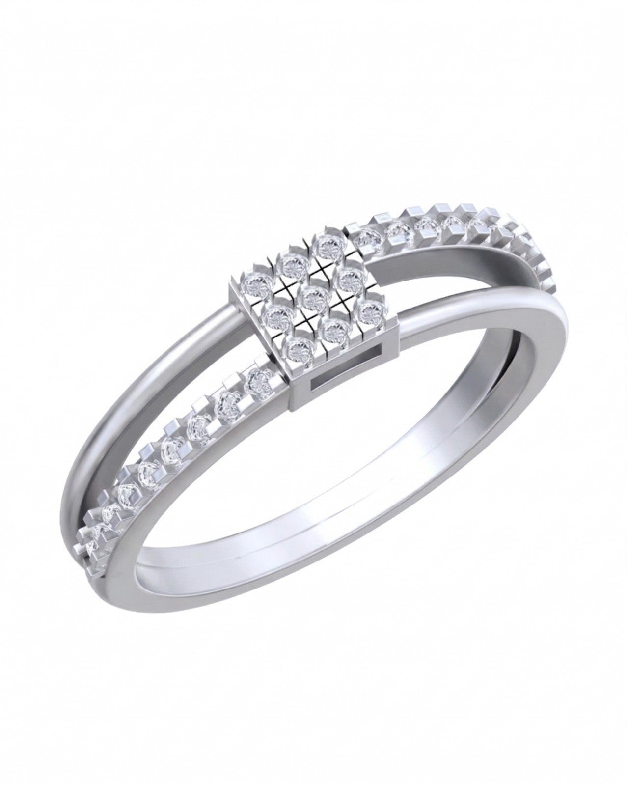 White gold and diamond with square cluster ring on a white background.