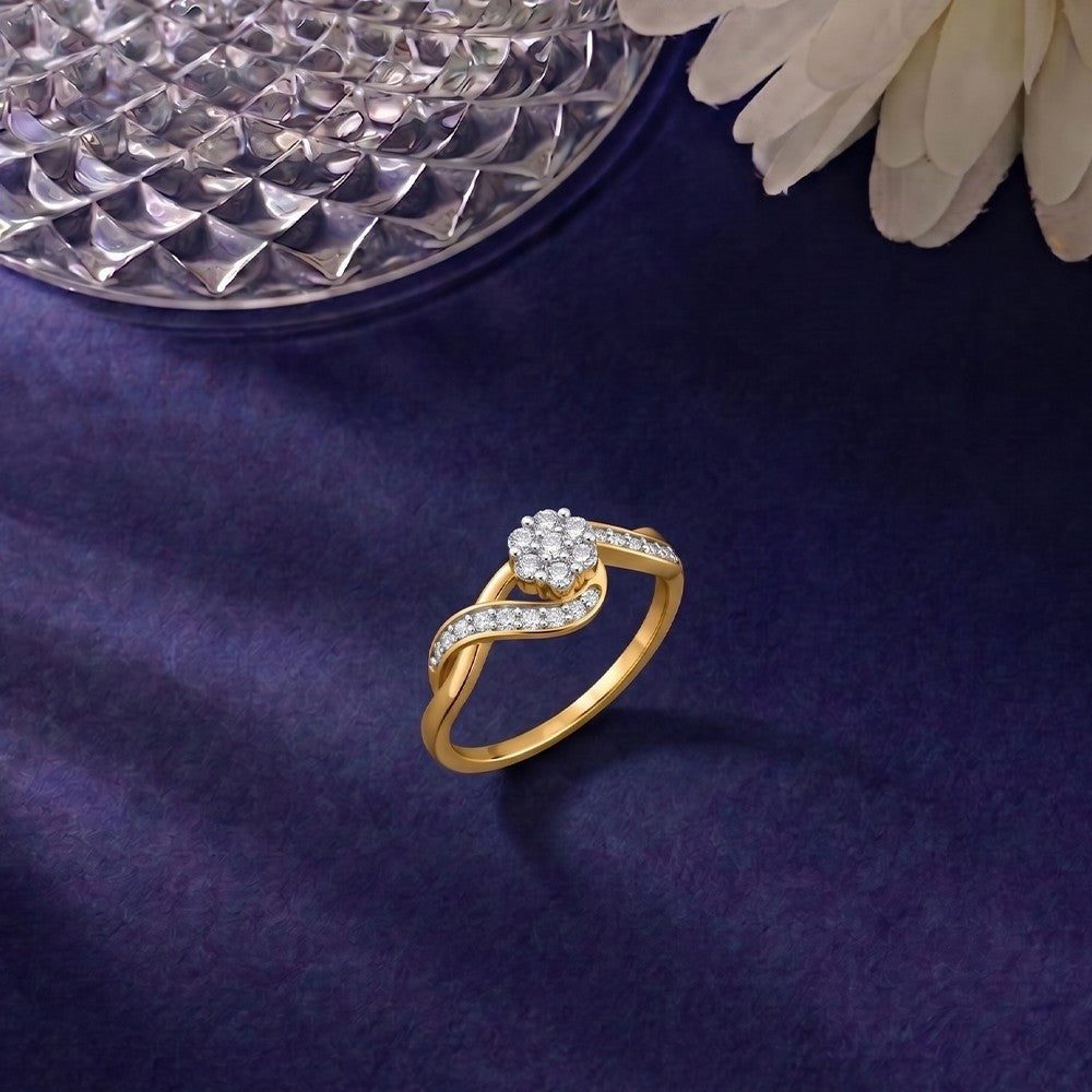 Gold and diamond with floral ddesign on a blue  surface.
