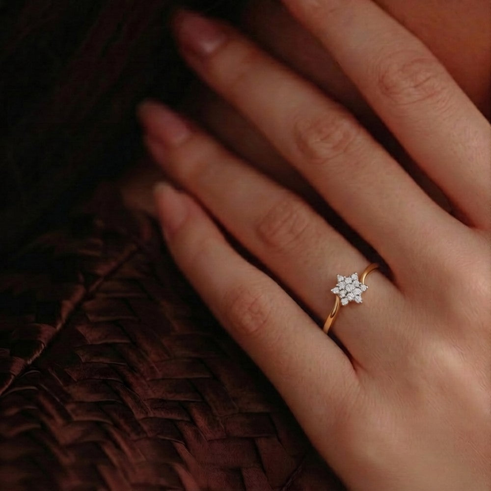 Close-up shot of a gold and diamond with floral cluster design ring.
