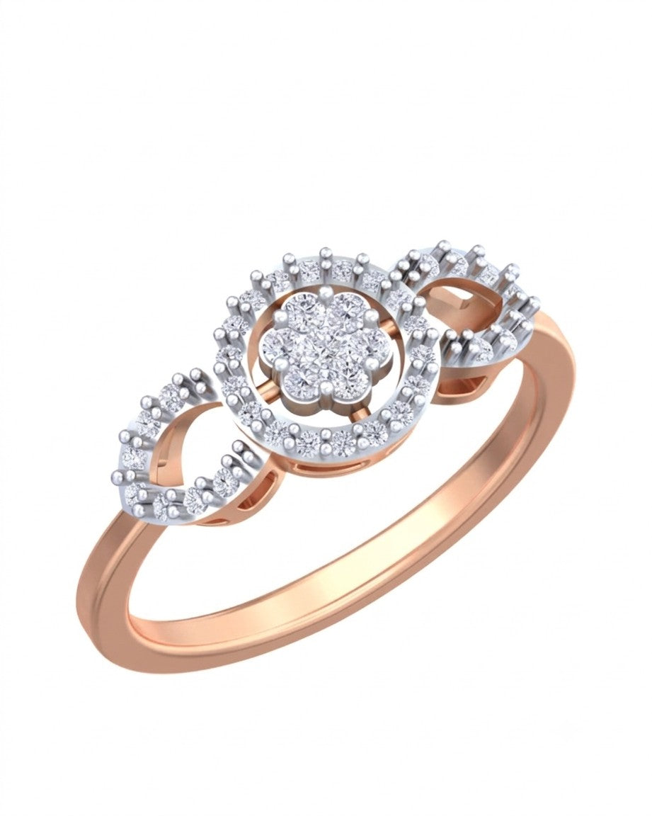 A rose gold ring featuring a central round floral cluster, shown on a plain white background.