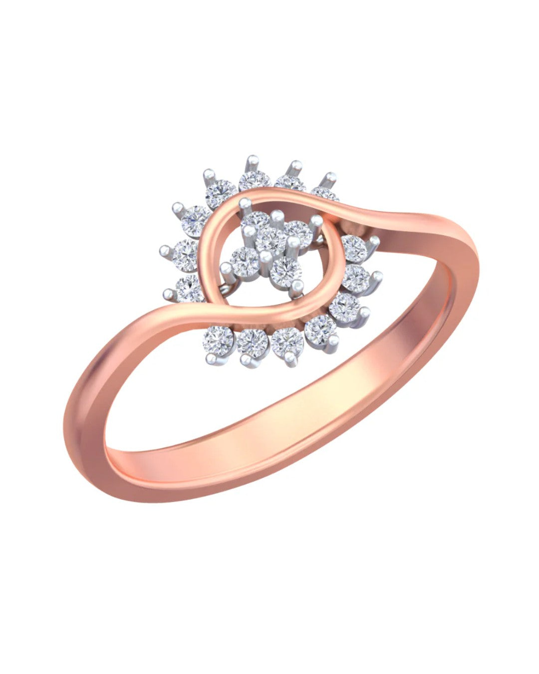 A rose gold ring with a diamond cluster setting, set against a plain white background.