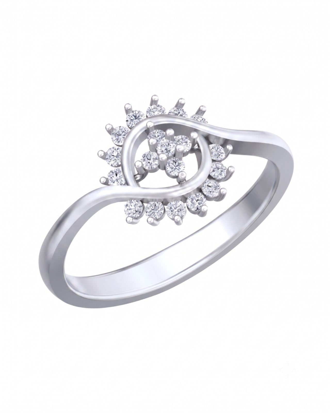 A white gold ring with a diamond cluster setting, set against a plain white background.