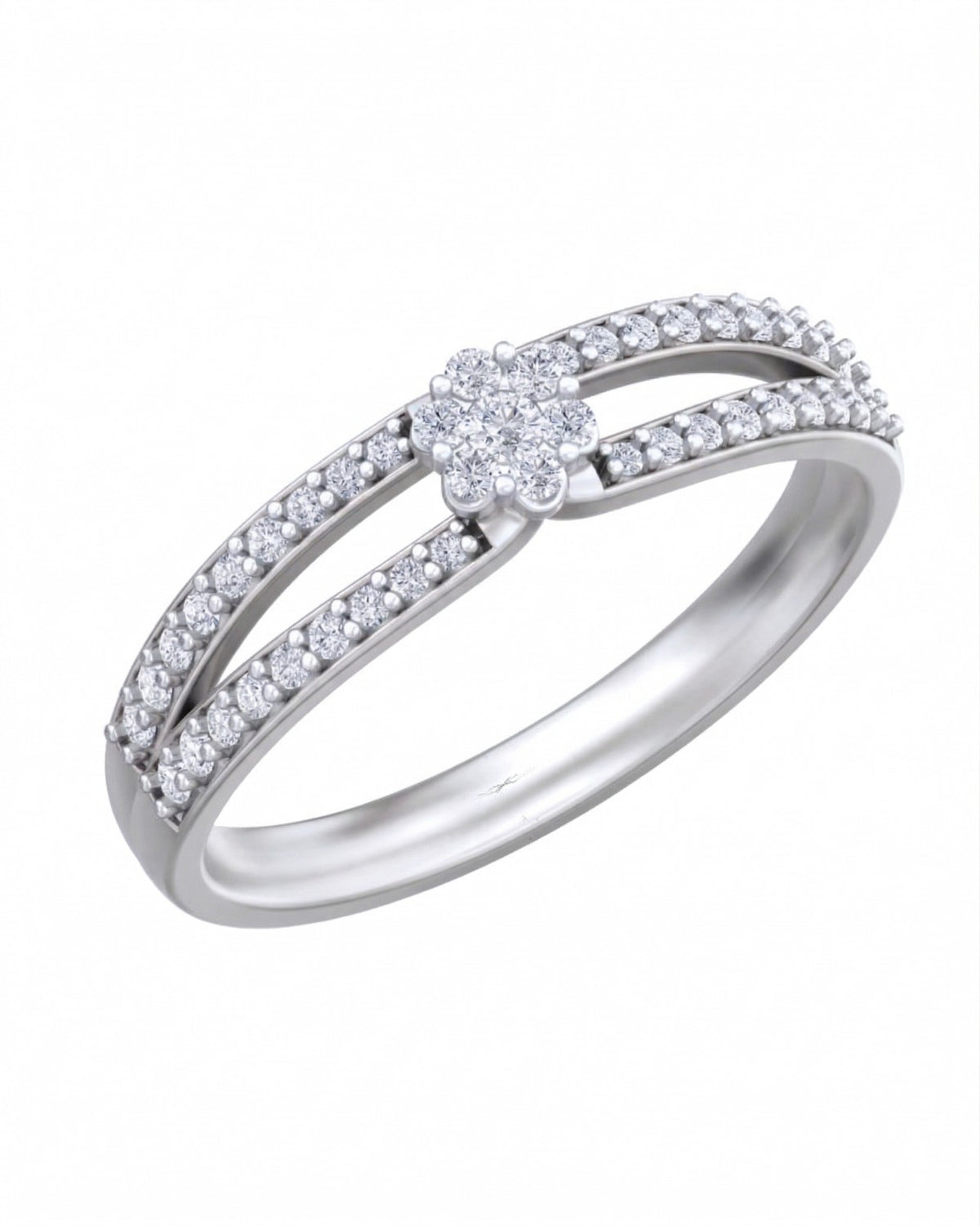 White gold ring with diamond accents on a white background.
