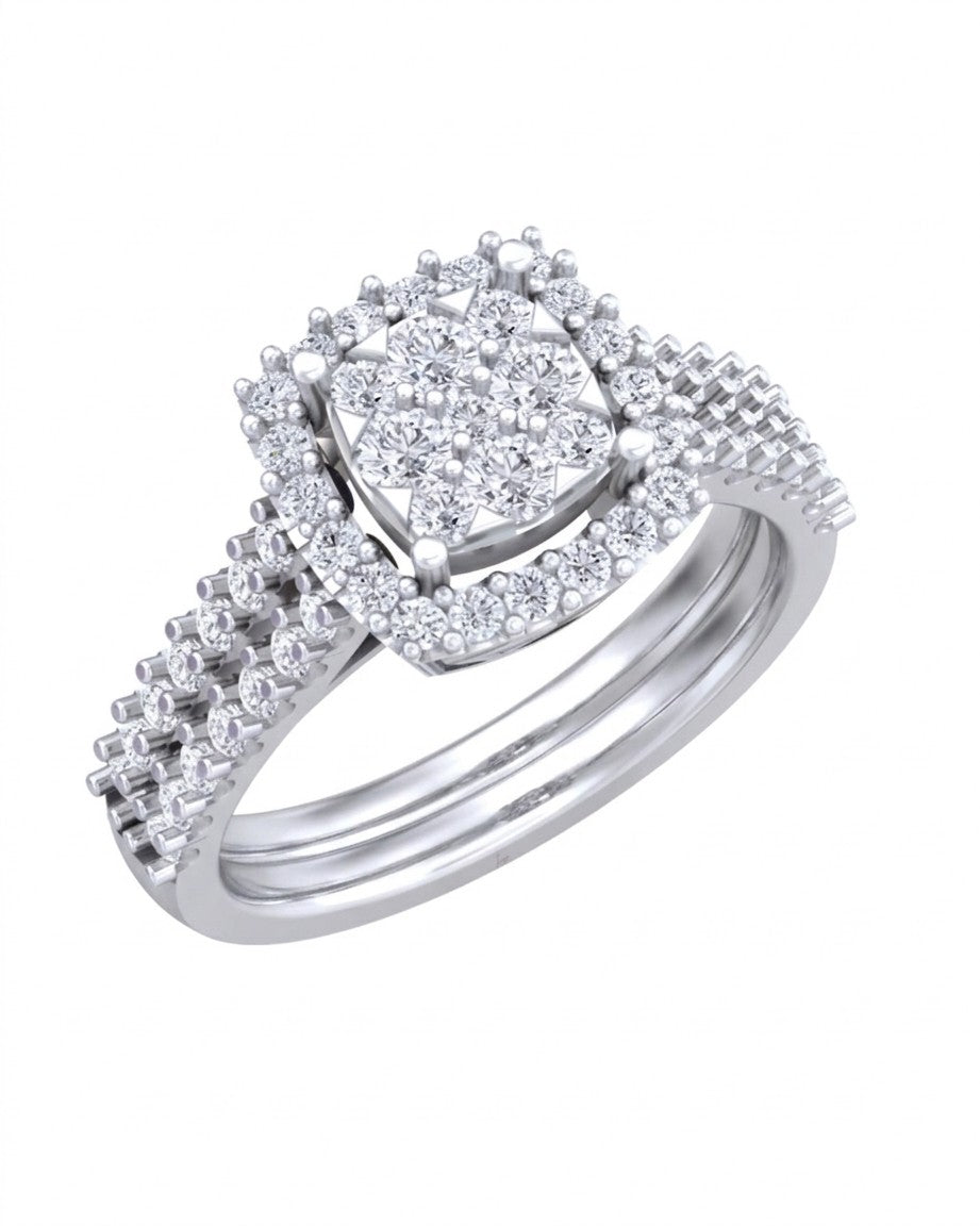 A white gold ring with a diamond halo,  shown on a plain white background.