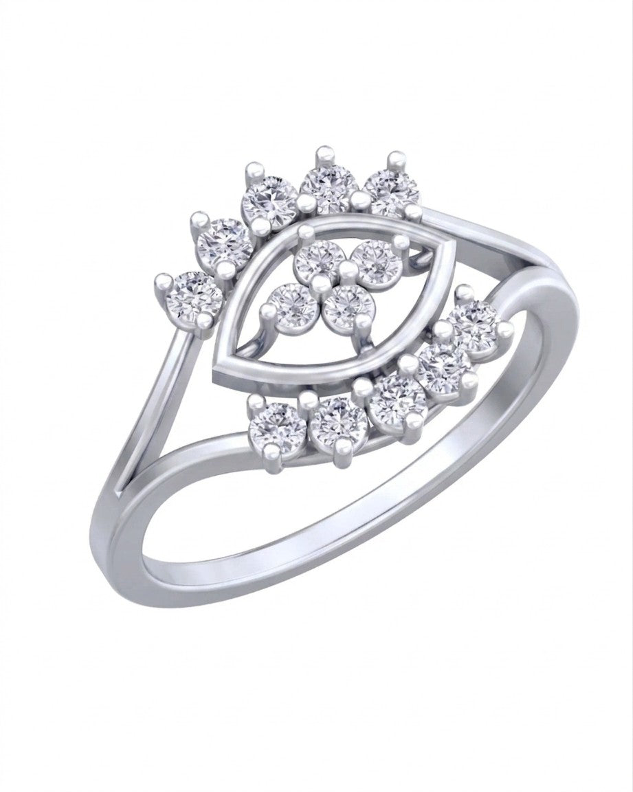 A white gold ring featuring a stylized eye design set, shown on a plain white background.