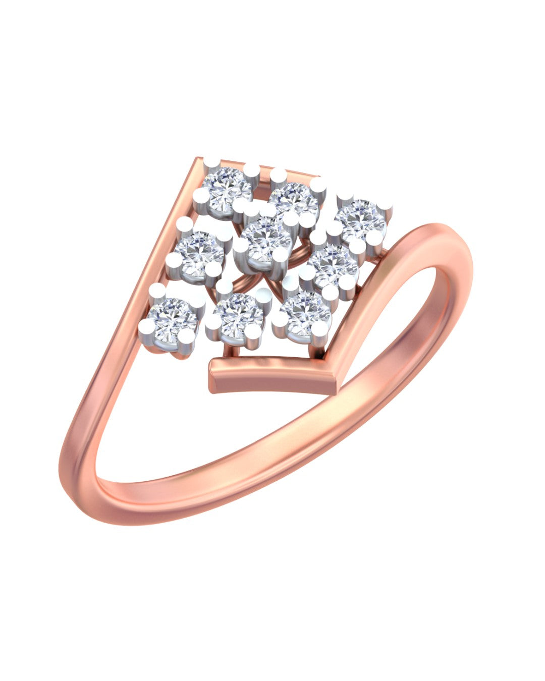 Rose gold ring with diamond accents on a white background
