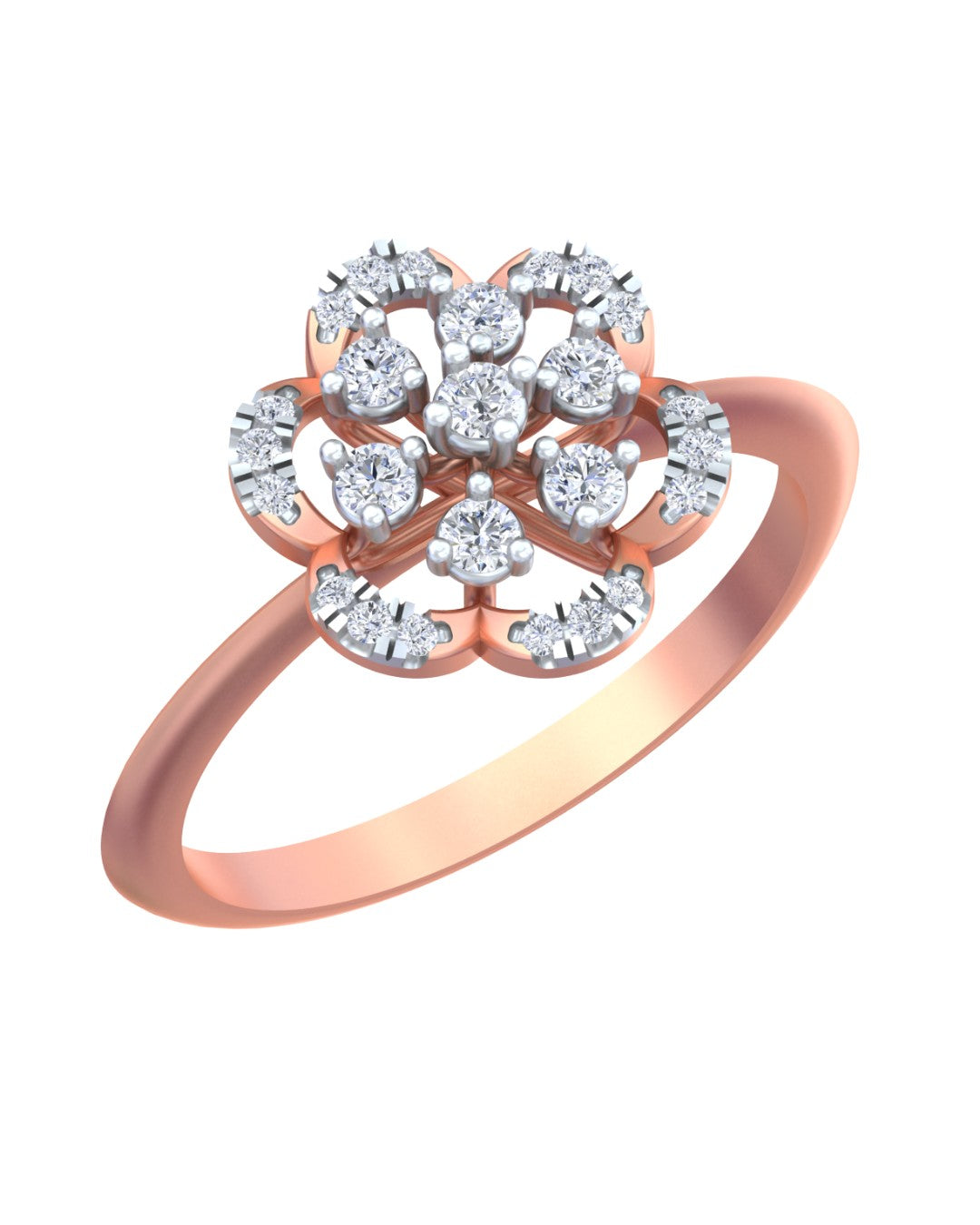 A rose gold ring with a floral design cluster, shown on a plain white background.
