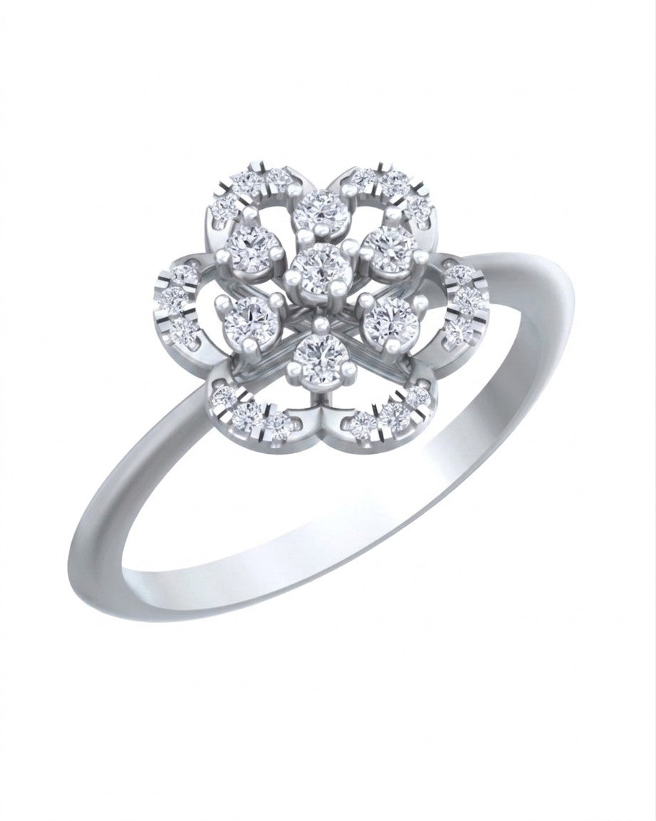 A white gold ring with a floral design cluster, shown on a plain white background.