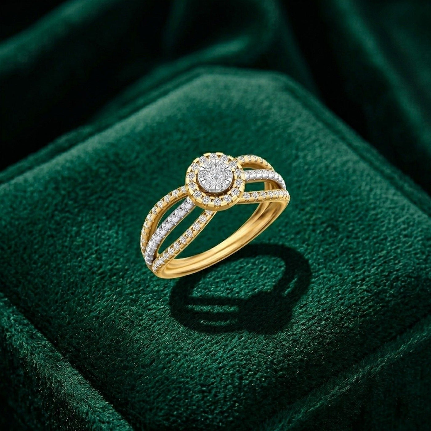 Gold ring with diamonds on a green velvet surface