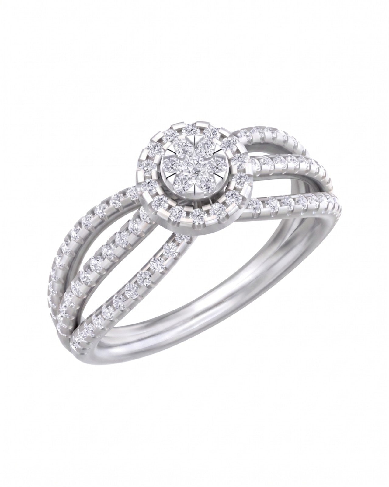 White gold and diamond ring on a white background.