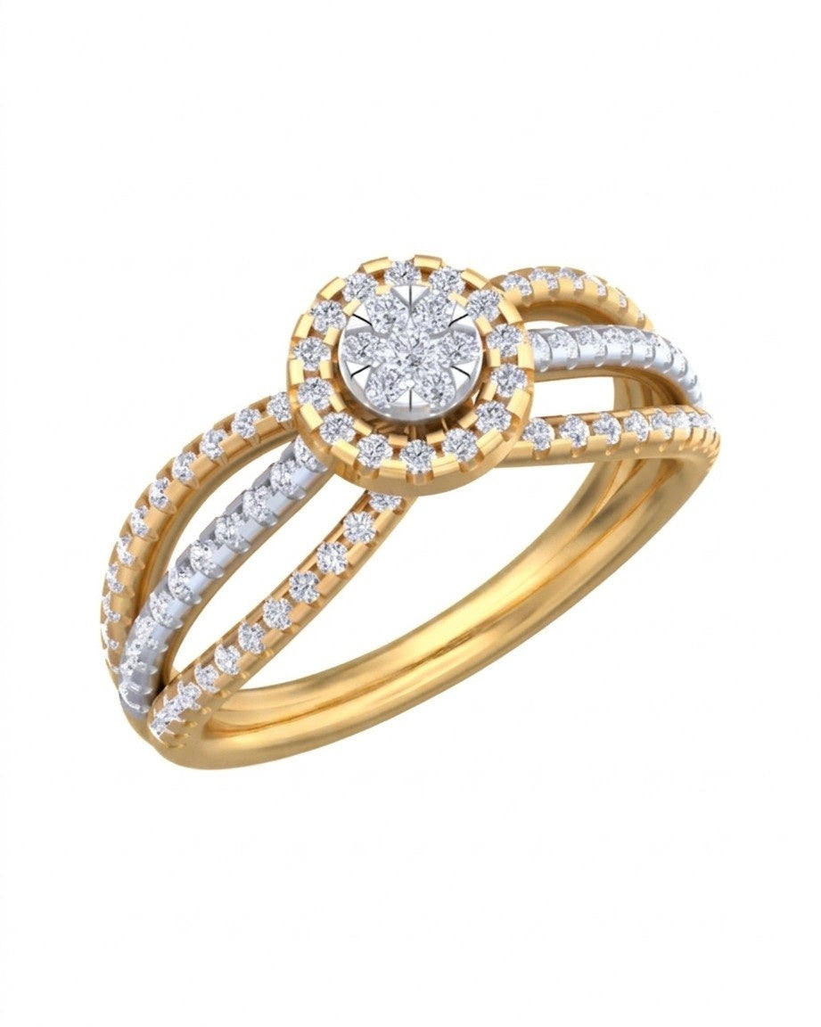 Yellow gold and diamond ring on a white background.