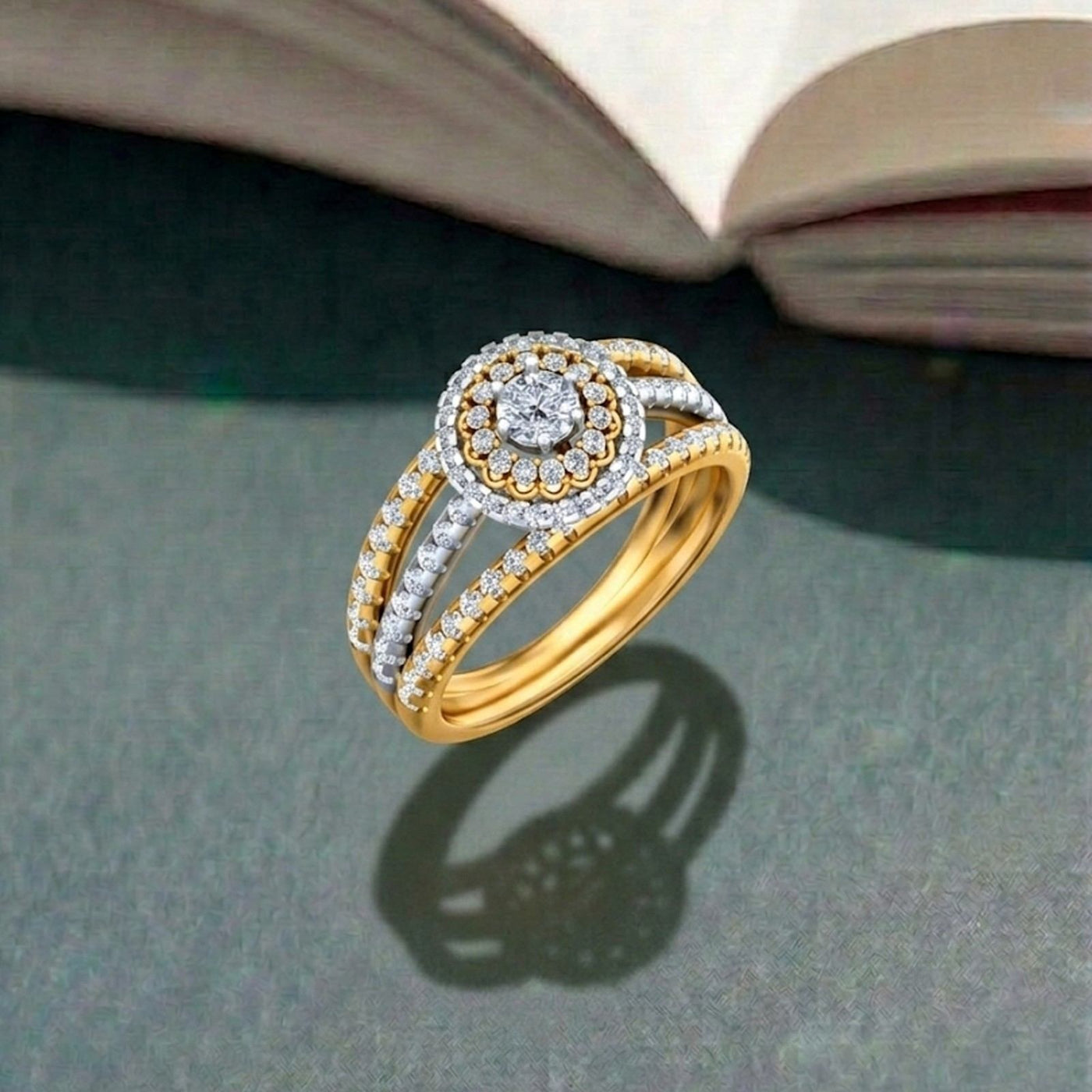 Gold and diamond with cocktail design on a green surface.