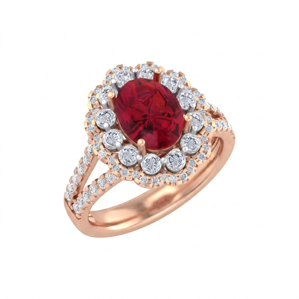 A rose gold ring featuring an oval-cut ruby gemstone, shown on a plain white background.