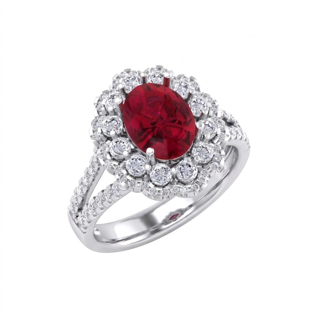 A white gold ring featuring an oval-cut ruby gemstone, shown on a plain white background.