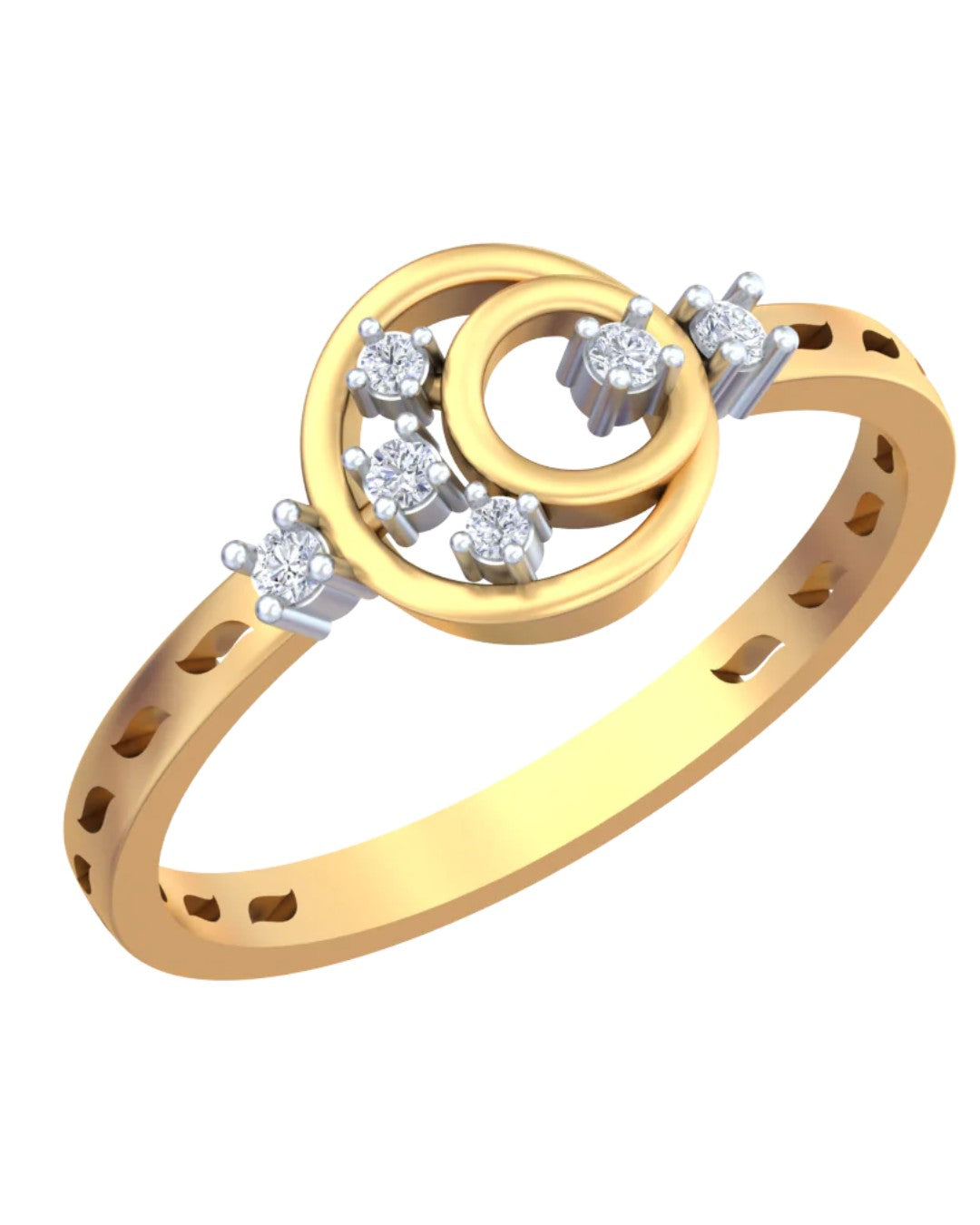 Yellow gold and diamond with halo design on a white background.