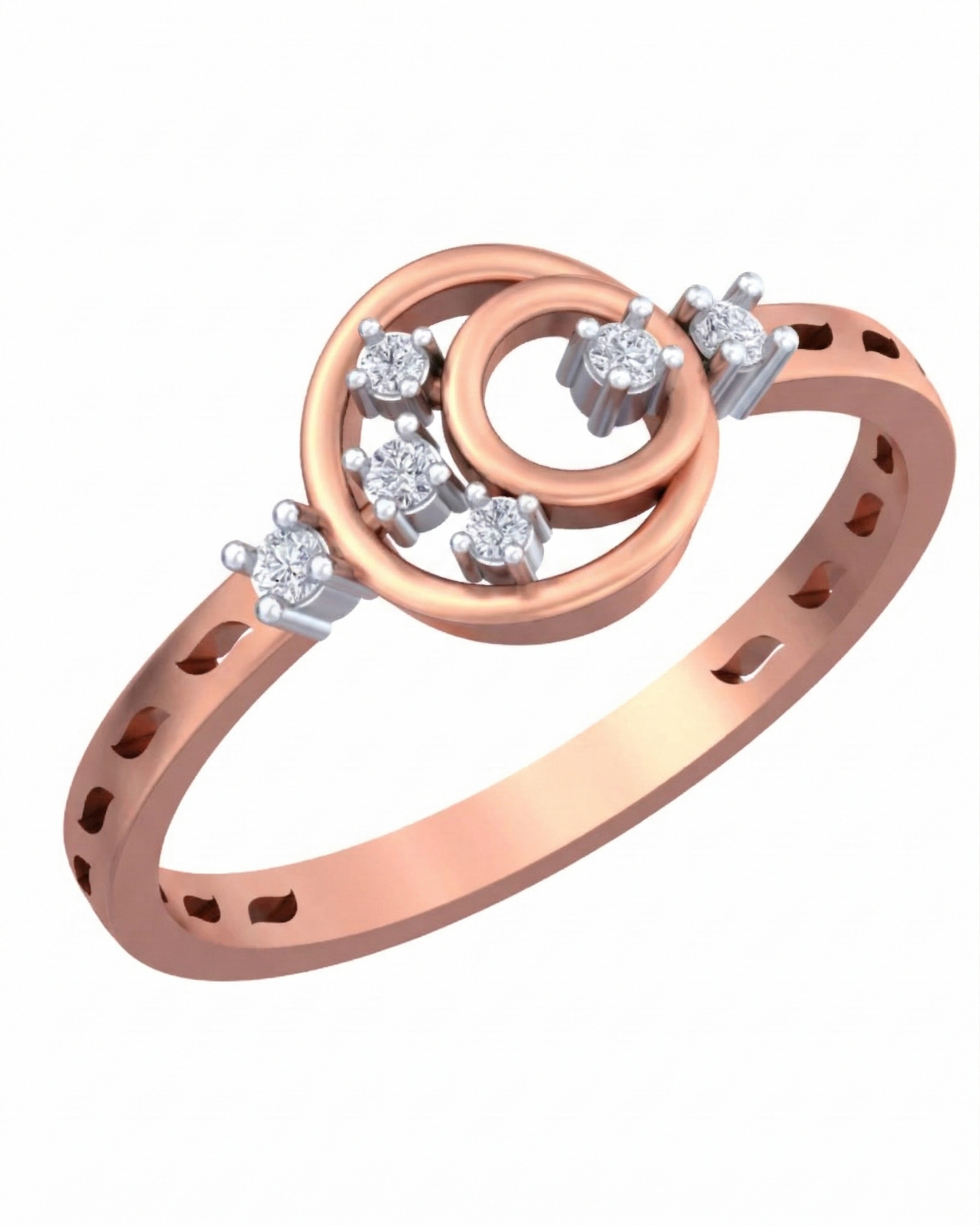 Rose gold and diamond with halo design on a white background.