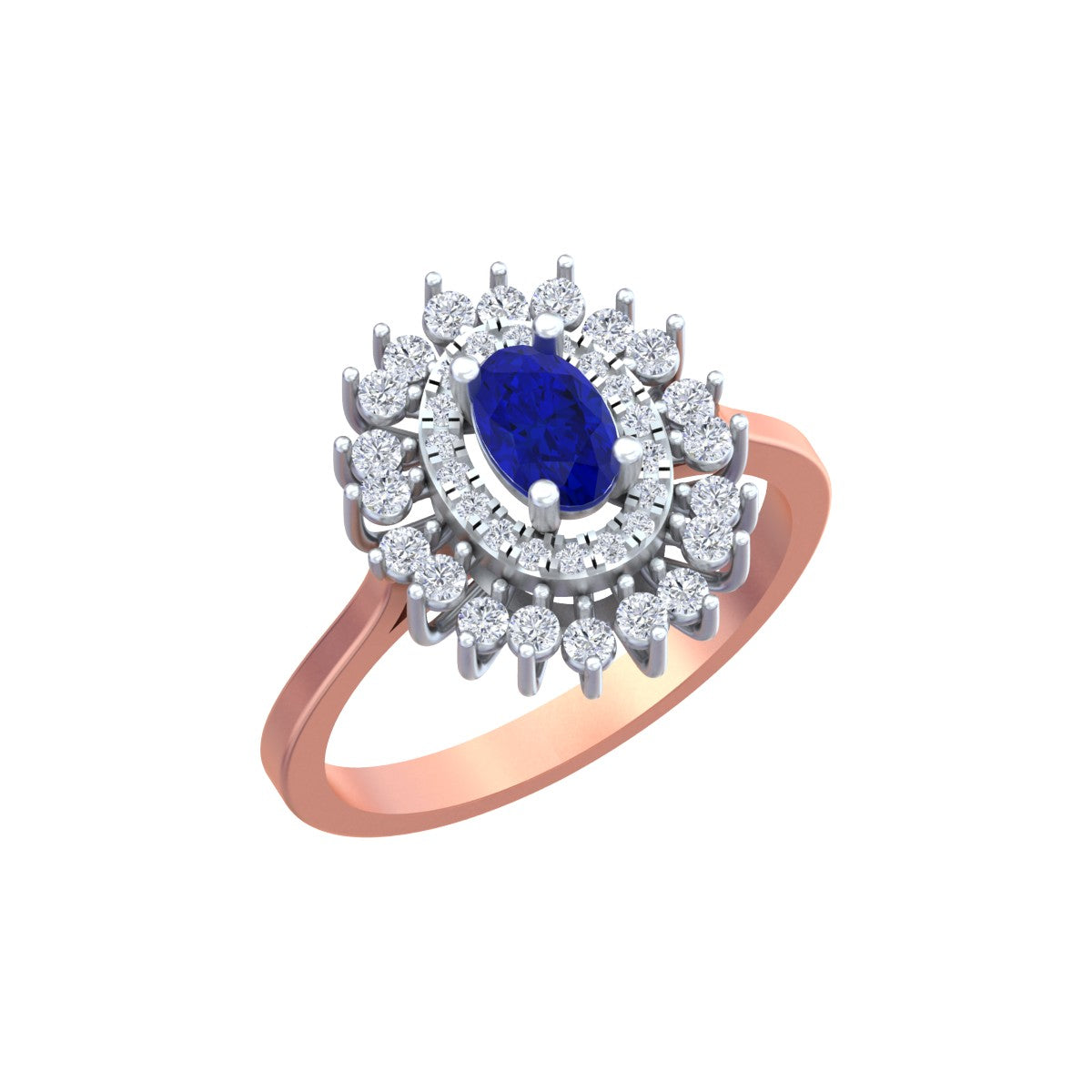 Rose gold ring with a blue gemstone and diamond accents on a white background