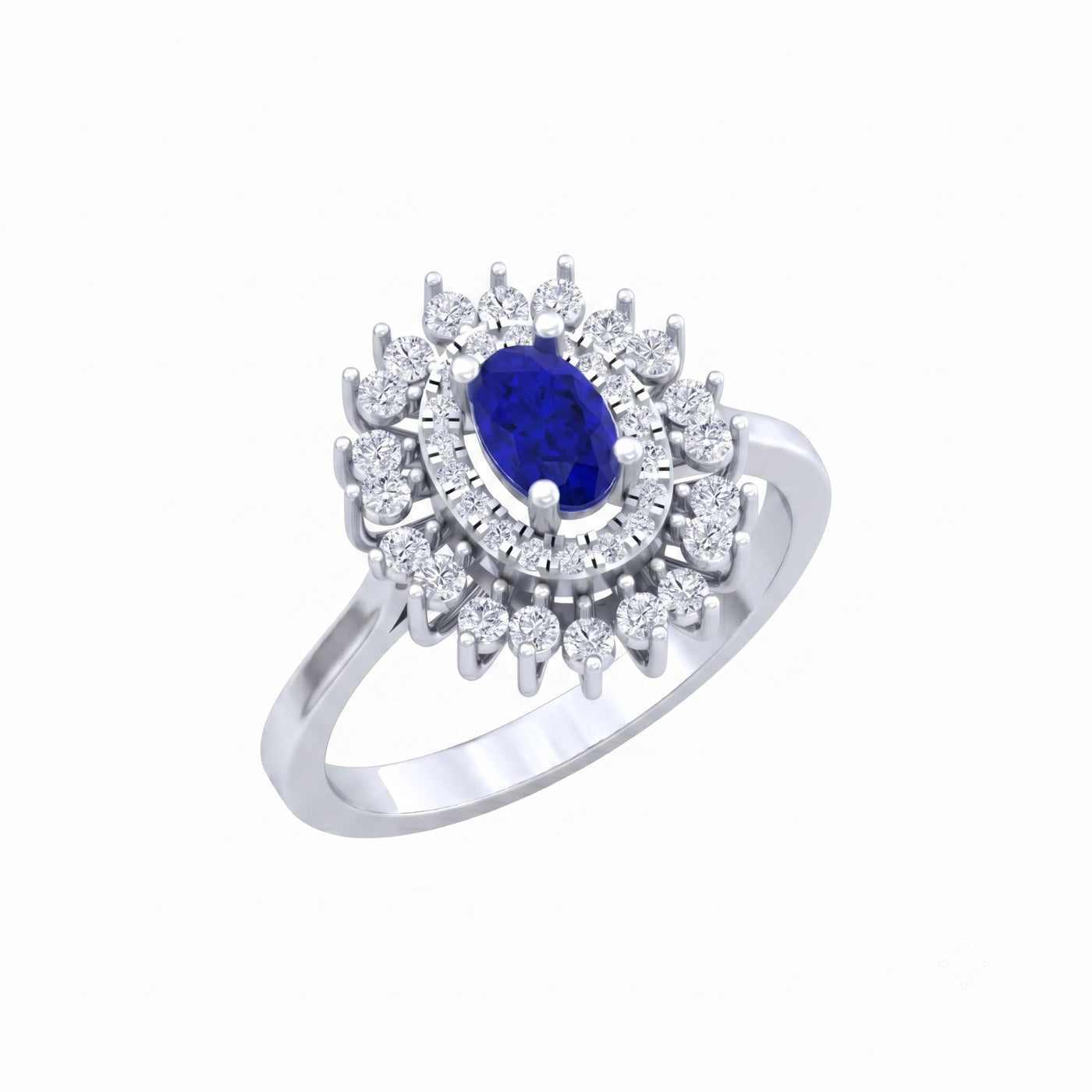 White gold ring with a blue gemstone and diamond accents on a white background