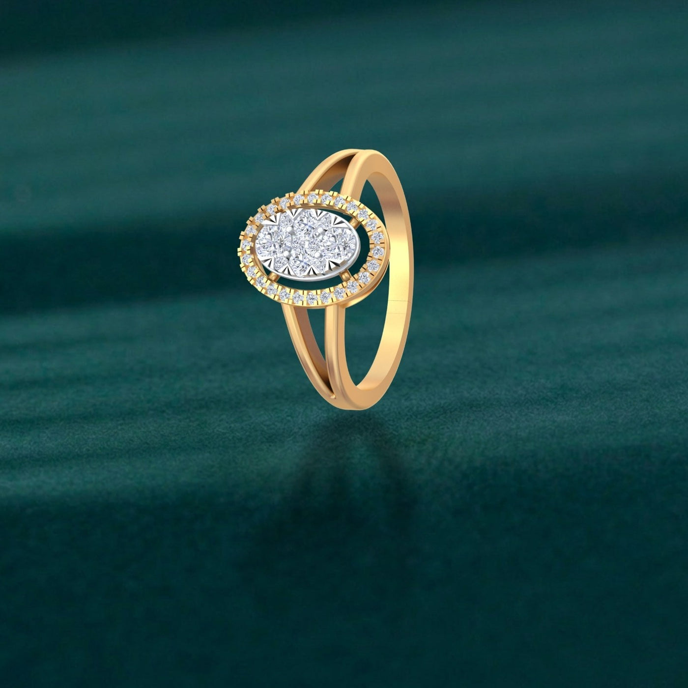 Gold ring with a diamond on a green textured background