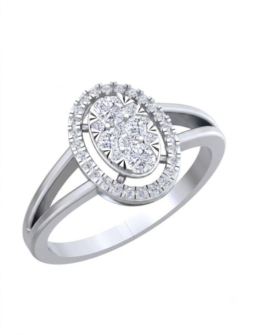 A white gold ring featuring a large oval cluster, on a plain white background.