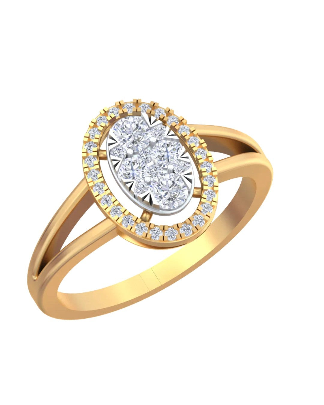 A yellow gold ring featuring a large oval cluster, on a plain white background.