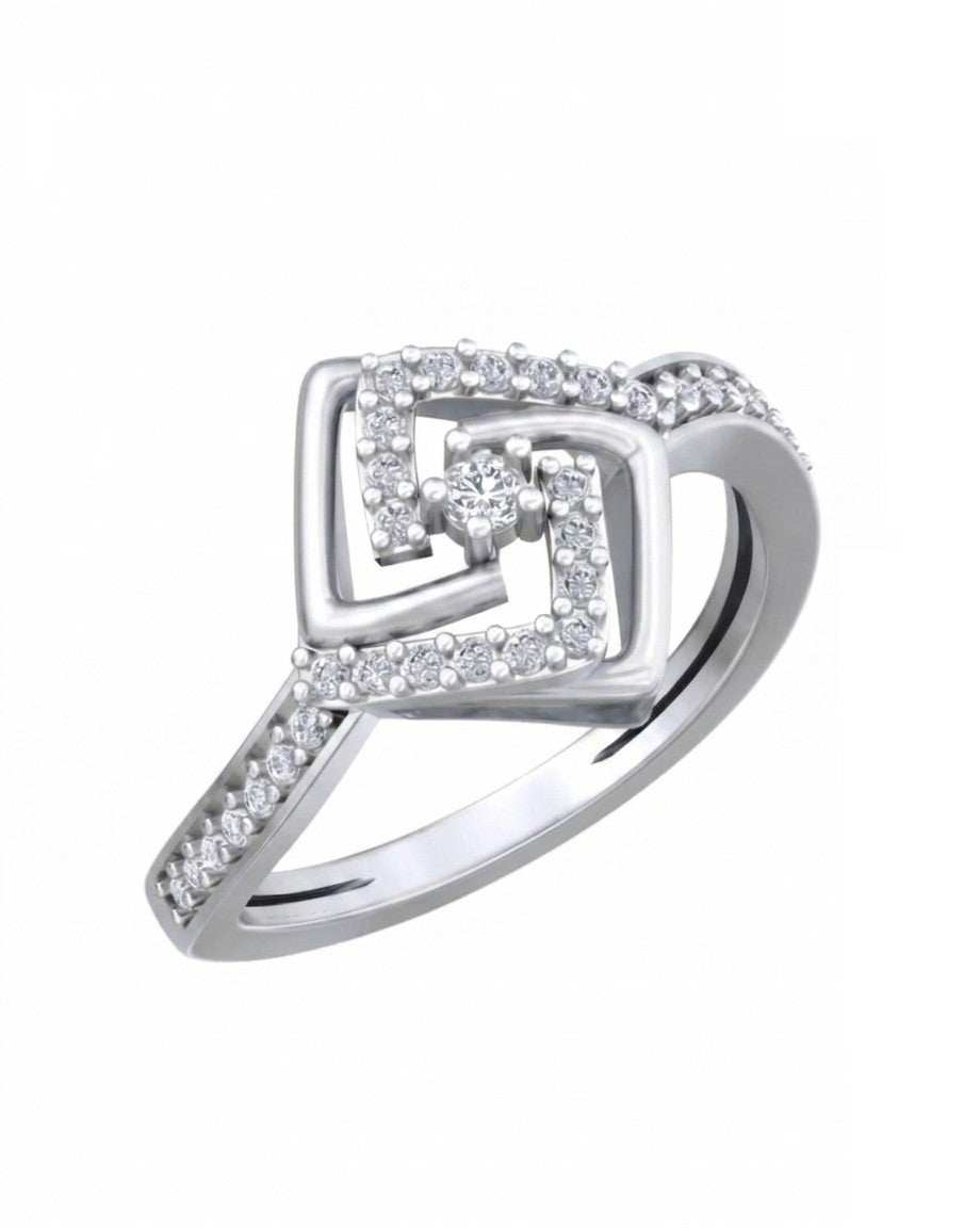 A white gold and diamond ring featuring a geometric square design, shown on a plain white background.