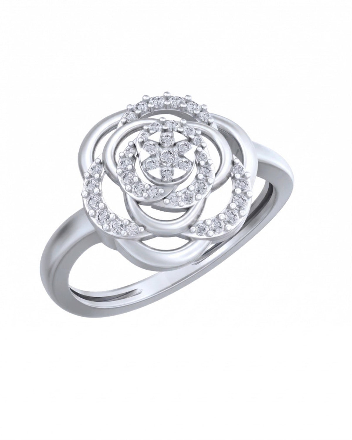 White gold and diamond with floral design on a white background.