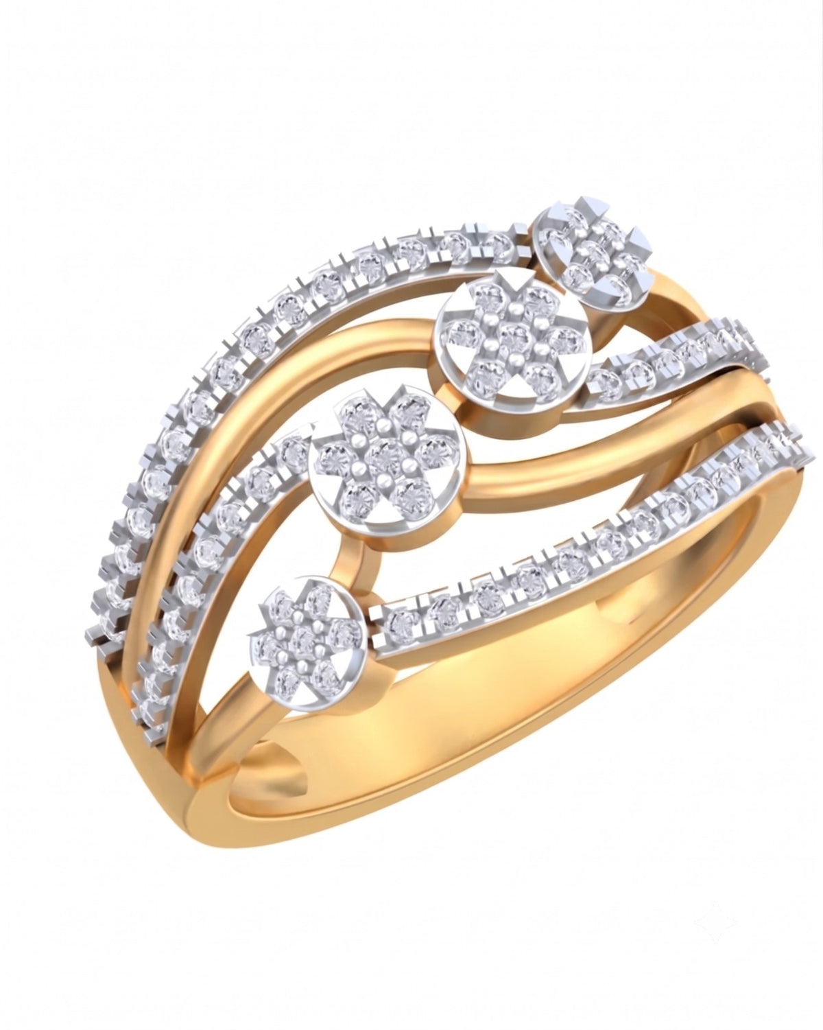 Yellow gold ring with diamond accents on a white background.