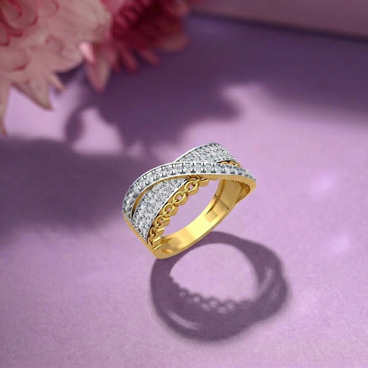 Gold ring with diamonds on a purple surface