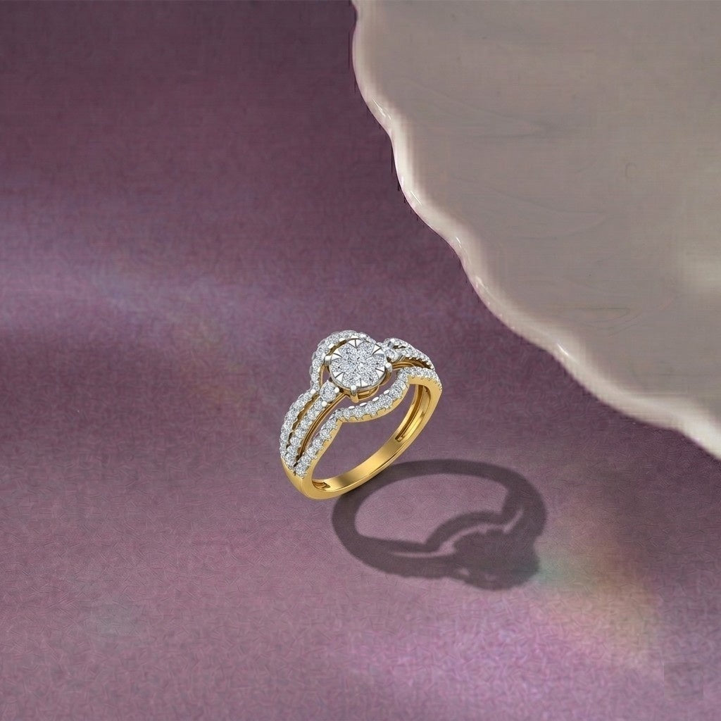 Gold ring with diamonds on a purple surface