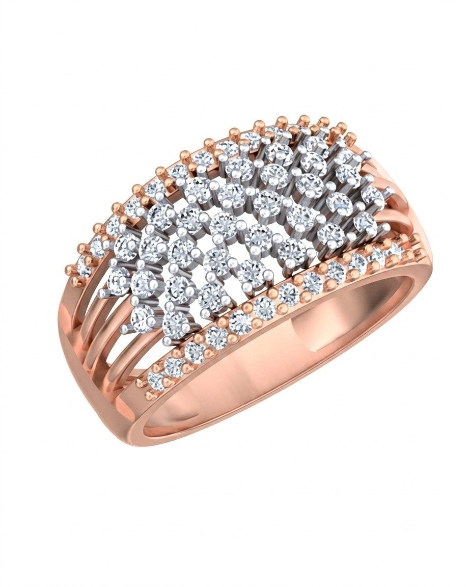 A rose gold ring featuring a wide, multi-row pavé setting, shown on a plain white background.